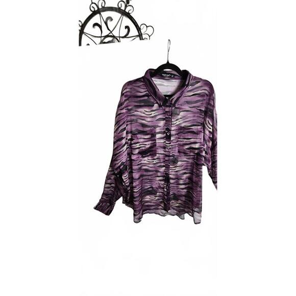 Nasty Gal Size 18 Purple and Black Sheer Button-Up Blouse with Animal Print - Picture 15 of 16